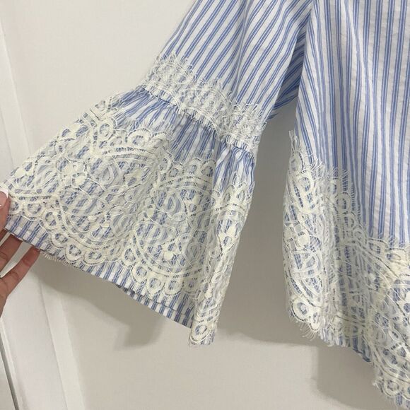 Zara Blouse Size M Blue White Striped Flared Sleeve Boho Peasant Embroidered Hem - Picture 2 of 6